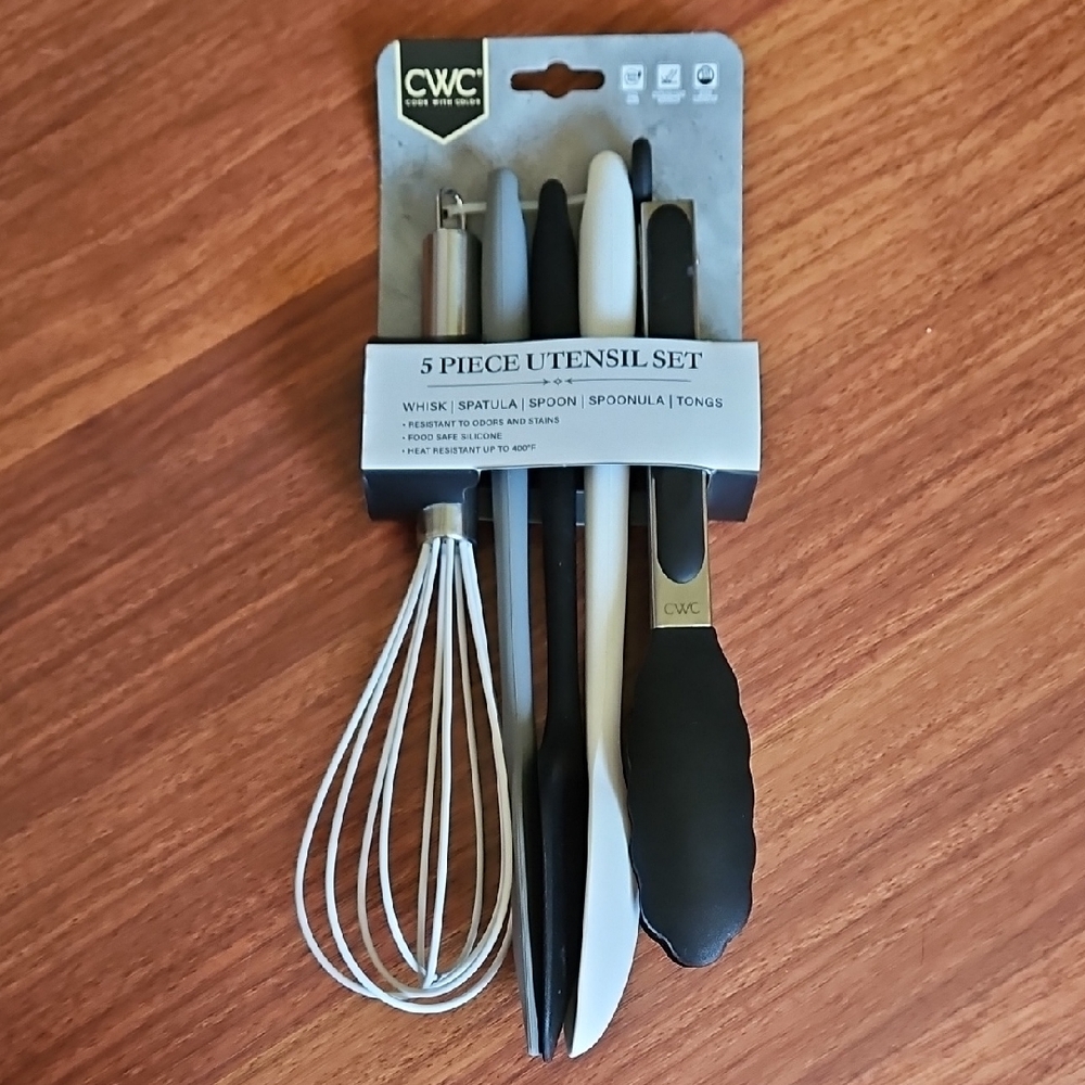 CWC COOK WITH COLOR "5 Piece" Silicone Kitchen Cooking Utensil Set Whisk, Tongs